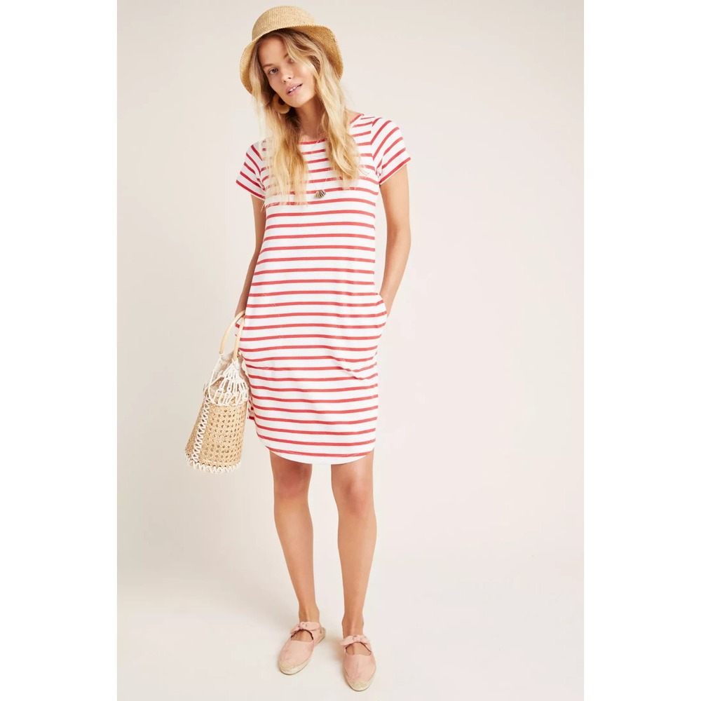 Maeve Anthropologie Rochelle Tee Dress Womens L Red White Stripe Cotton Pockets